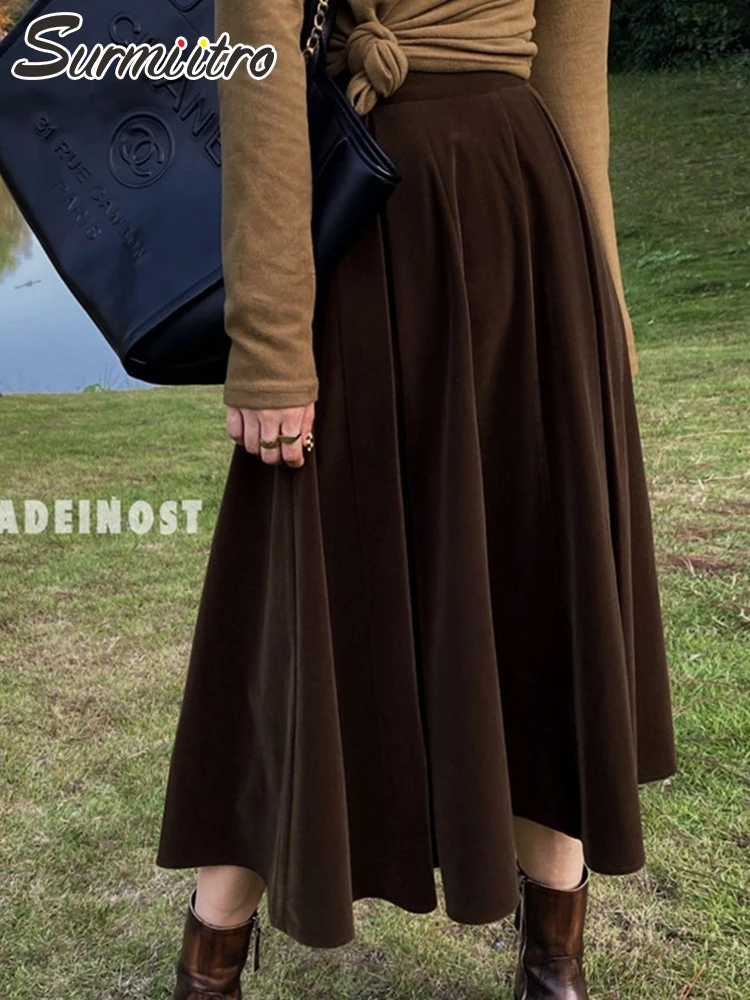 

SURMIITRO 2021 Autumn Winter Vintage Warm Velvet Korean Style Midi Long Skirt Women Mid-Length High Waist A Line Skirt Female