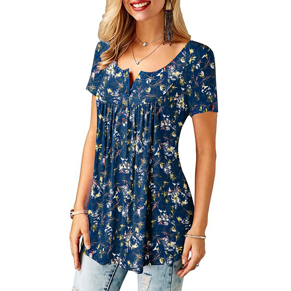 Клетчатая Футболка с принтом женская футболка цветочным и пуговицами короткими