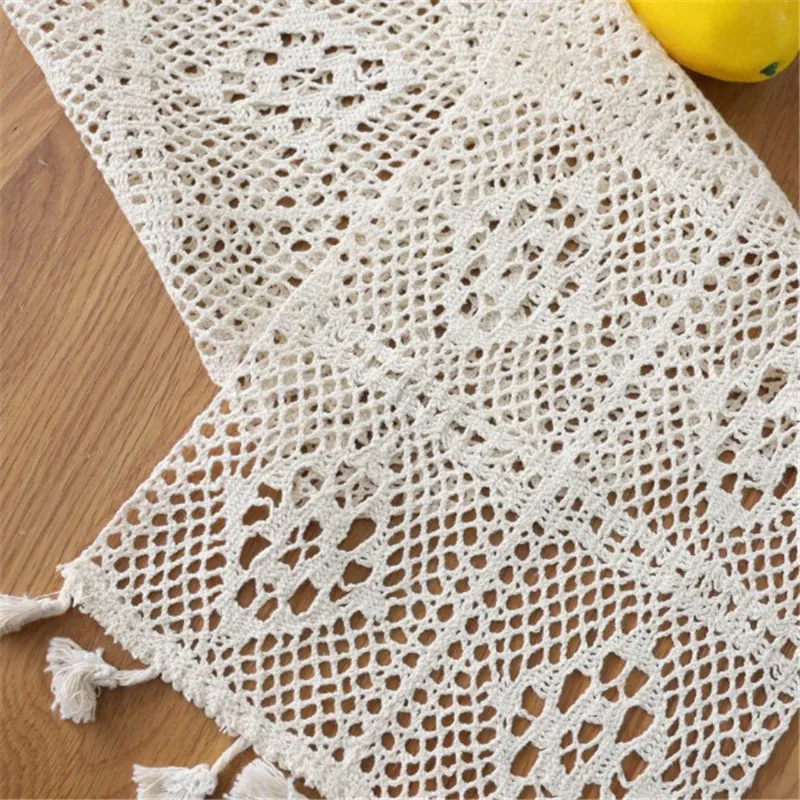 Бежевый вязаный крючком кружевной стол с кисточками из хлопка Свадебный декор