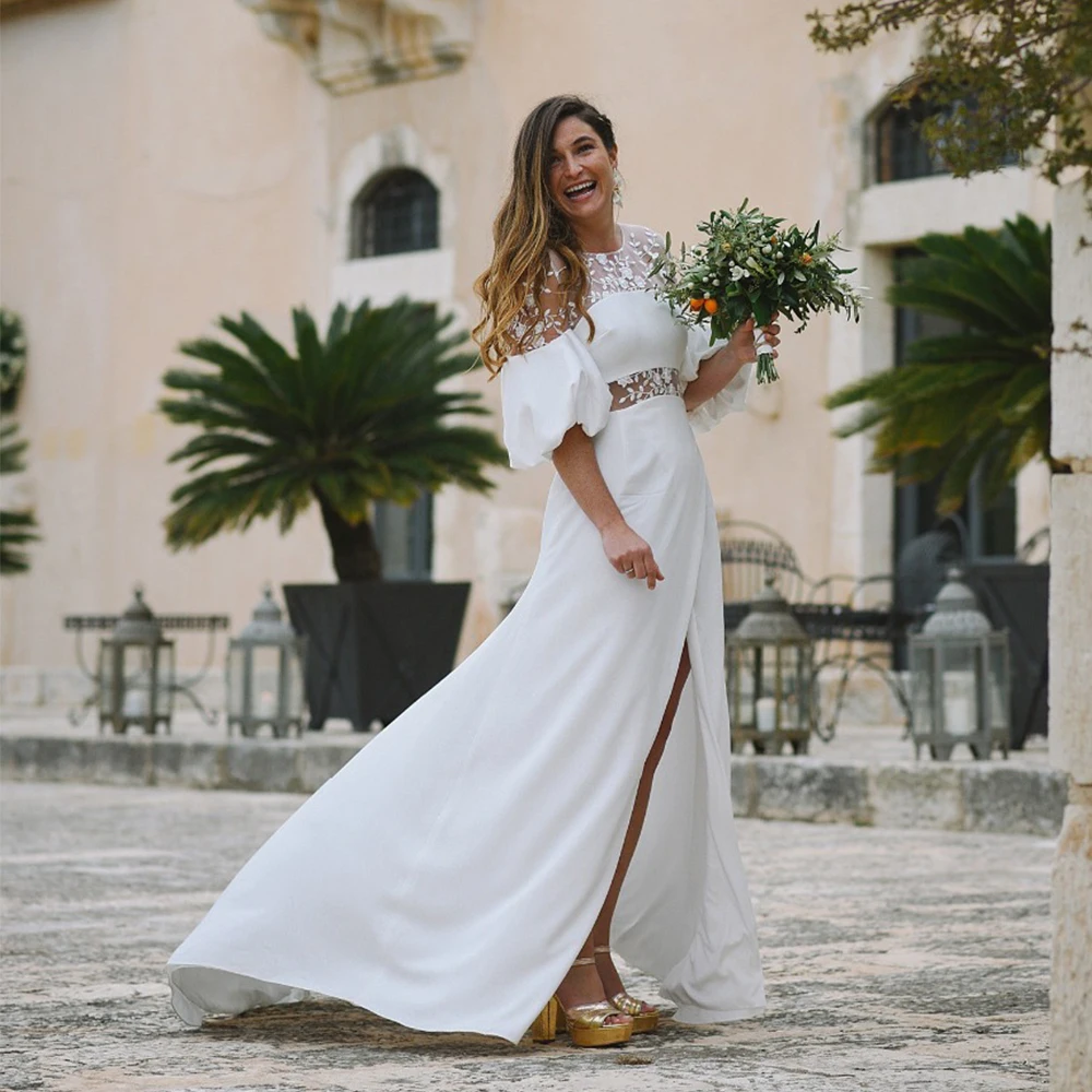 

2021 Wedding Dress for Bride O Neck Hollow Back Lantern Sleeve Side Split Sweep Train Lace Illusion Bridal Gowns robes de mariee