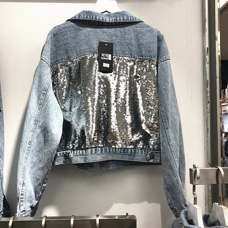 Новая индивидуальность сверкающая рыбья чешуя блестящая джинсовая куртка