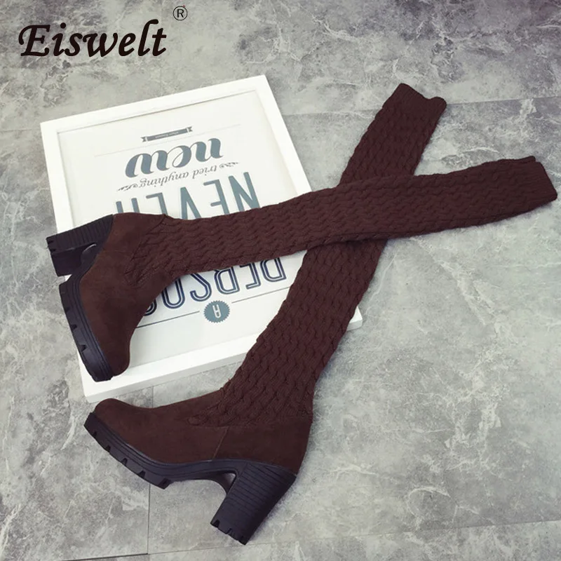 EISWELT/осенне-зимние эластичные облегающие теплые высокие вязаные сапоги до бедра