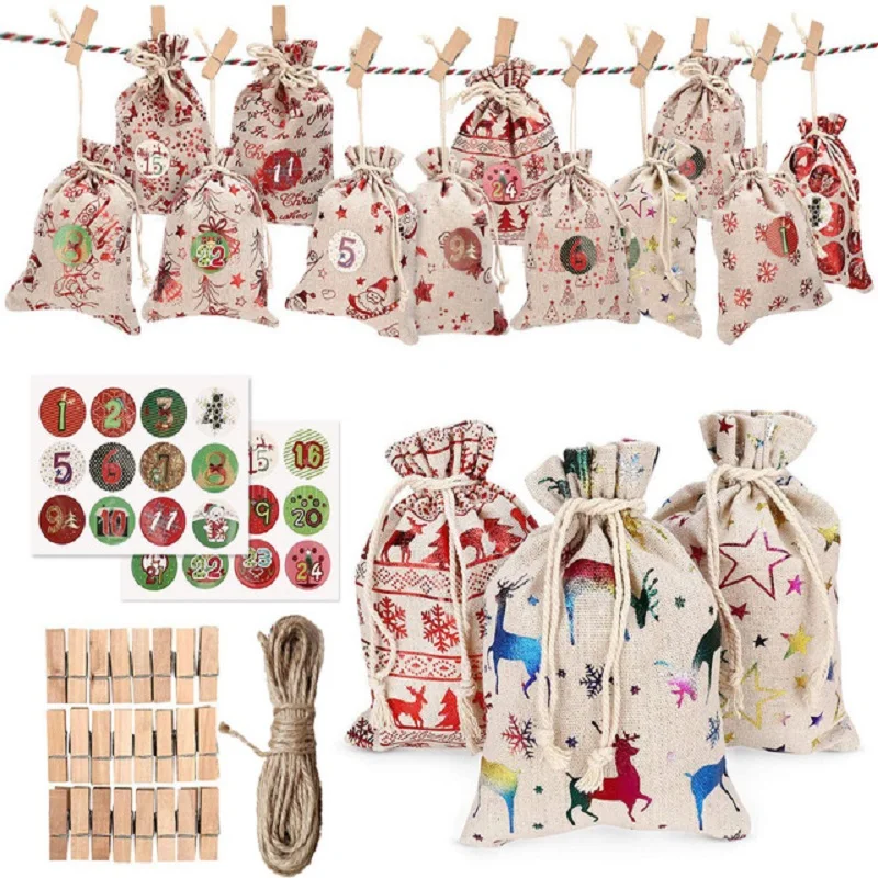 

Christmas Advent Calendar 24Days Gift Bags Paper Stickers DIY Set Christmas Candy Pocket Decoration Wall Calendar for Home Decor