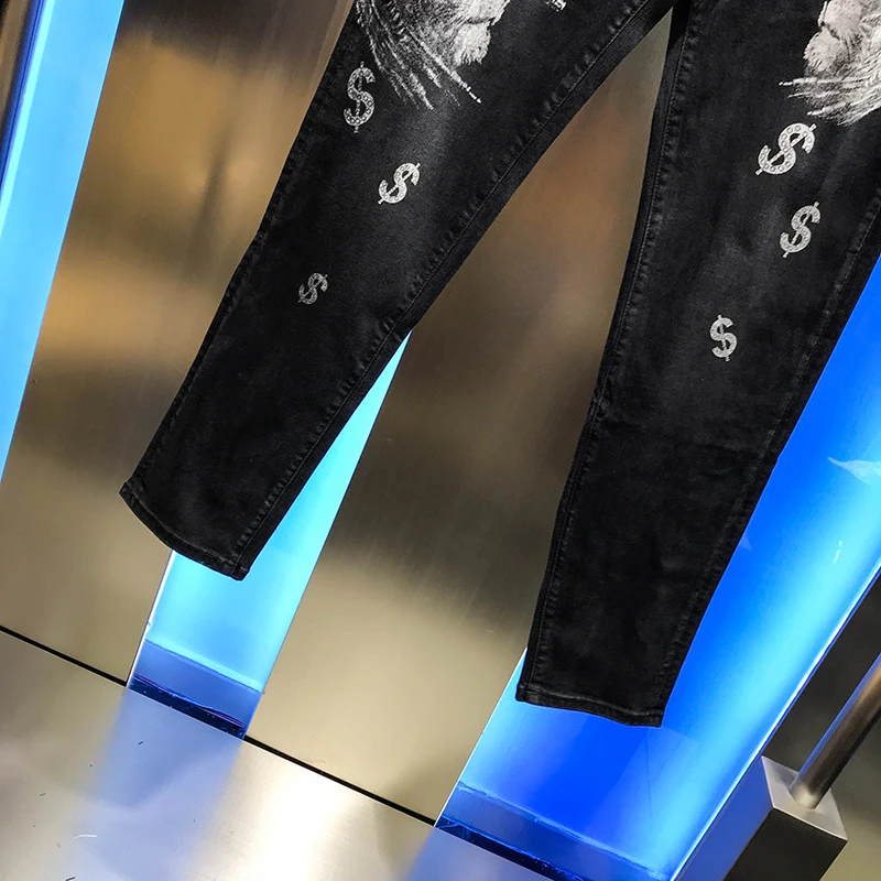 

Fashion brand fashion autumn 2020 new lion letter printing hot diamond slim fit versatile casual small straight leg men's jeans