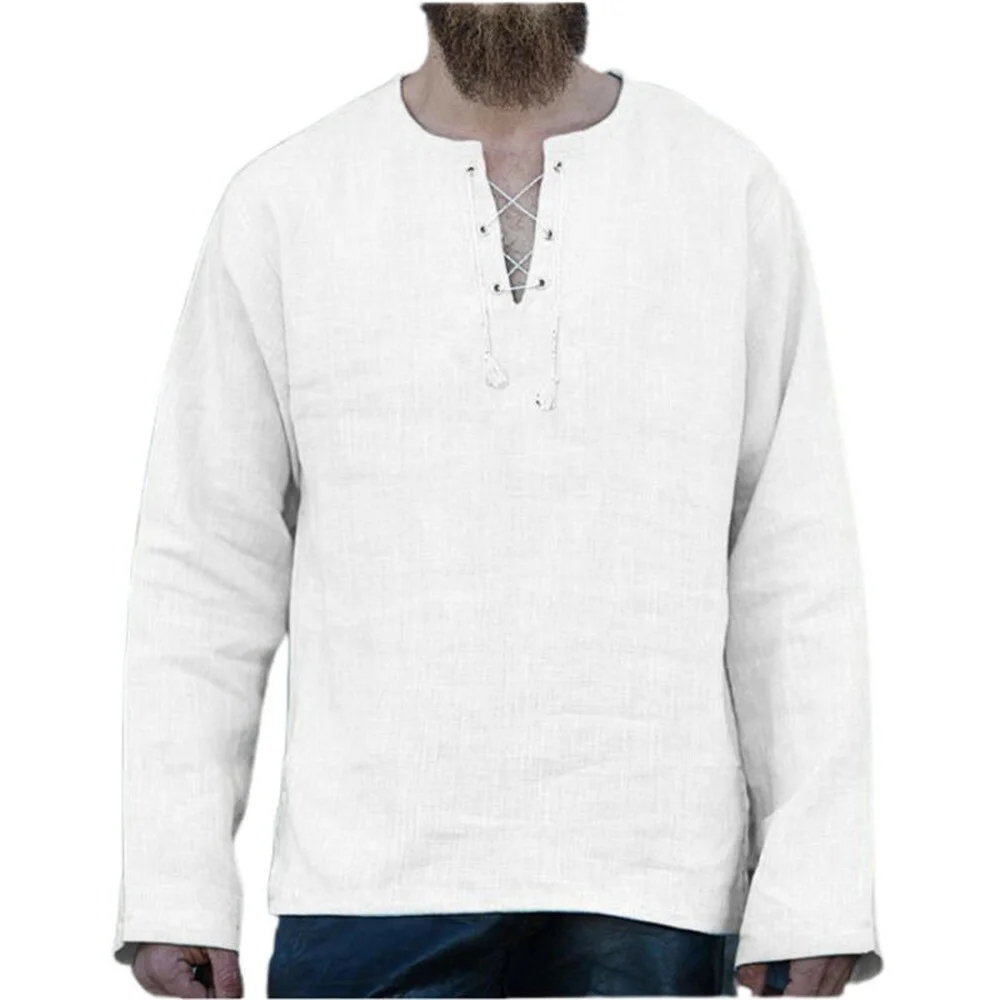 

Spring And Summer Men Loose Casual Solid V-neck Blouse Tether Long Sleeve Cotton Linen T-shirt Top