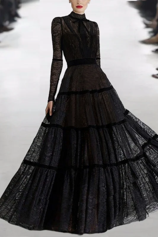 

Stand Collar Full Sleeve Sexy Black Lace Dress Fashionable High-End Formal Swing Dress 2021 Slim Temperament Dress Floor-length