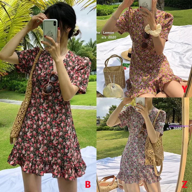 

Summer Fashion Women's V-Neck Floral Print Fresh Beach Style Asymmetrical Short Sleeve Dress