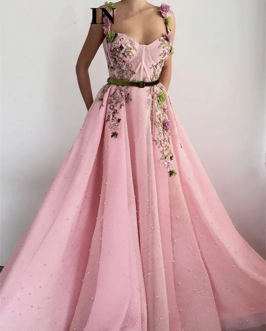 Розовое мусульманское вечернее платье ТРАПЕЦИЕВИДНОЕ из фатина с цветочной