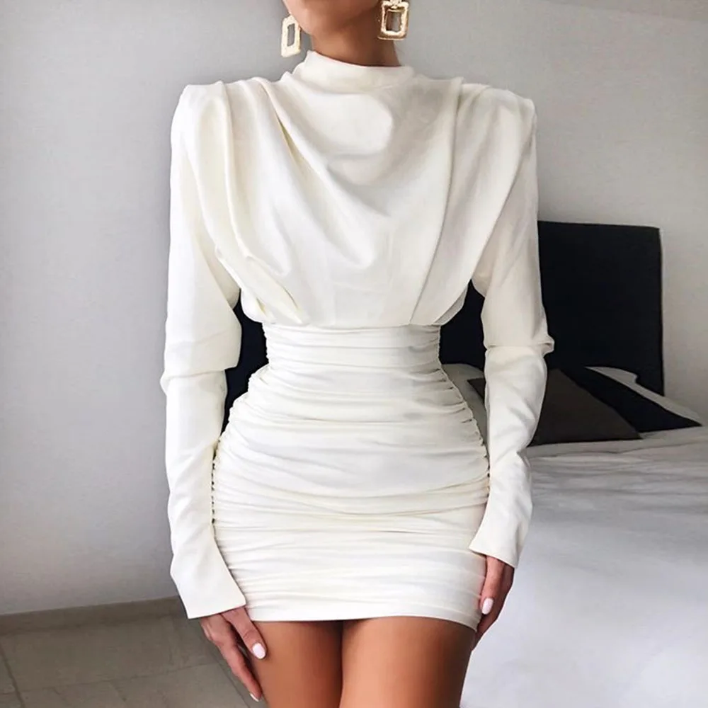 

Women's New Dresses Casual Fashion Commuting Style Pure Color Folds High-quality Temperament Long-sleeved High-necked Dresses