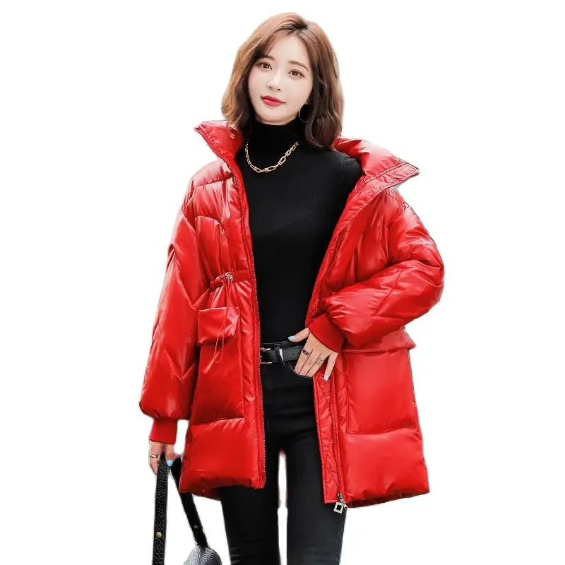 Shiny Winter Jackets For Women 2022 New Korean Fashion Parkas Mid-Length Cotton Coat Stand-up Collar Loose Bread Jacket Trend