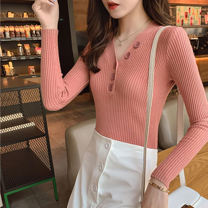 Свитер женский с V-образным вырезом на пуговицах Осень-зима 2020 теплый свитер