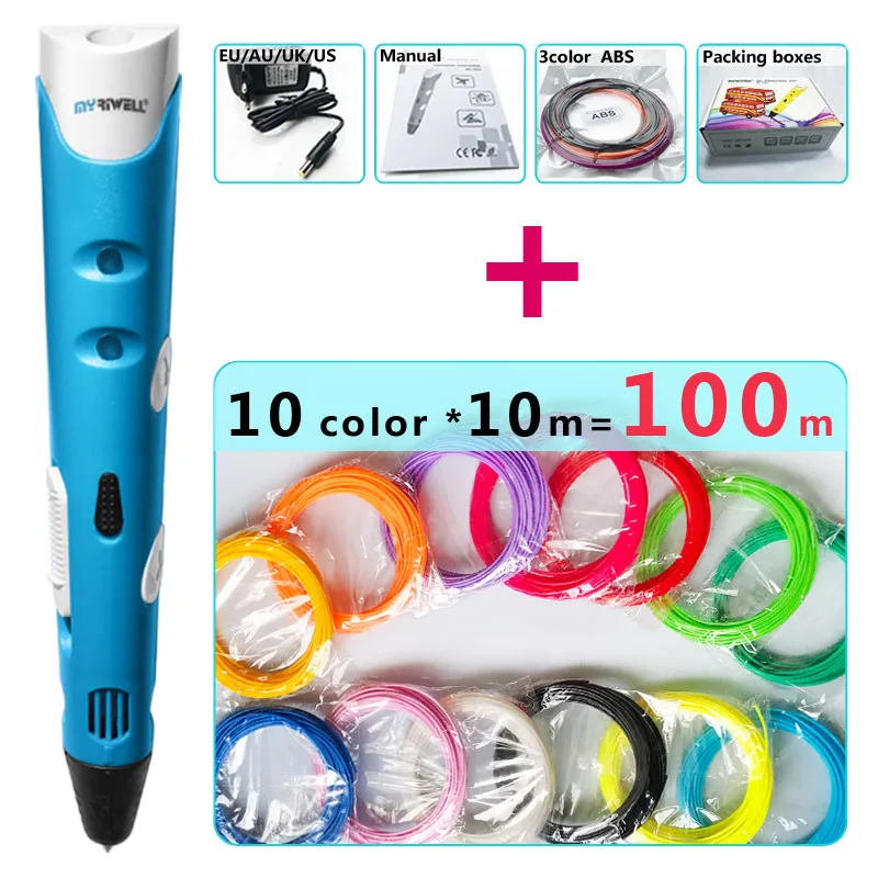 Blue pen Package 2 Myriwell 3d Ручка 3d ручки, 1,75 мм ABS/PLA нити, 3 d pen3d модель, Creative3d ручка для печати, лучший подарок для детей DIY креативный, pen-3d - Цвет: Blue pen Package 2