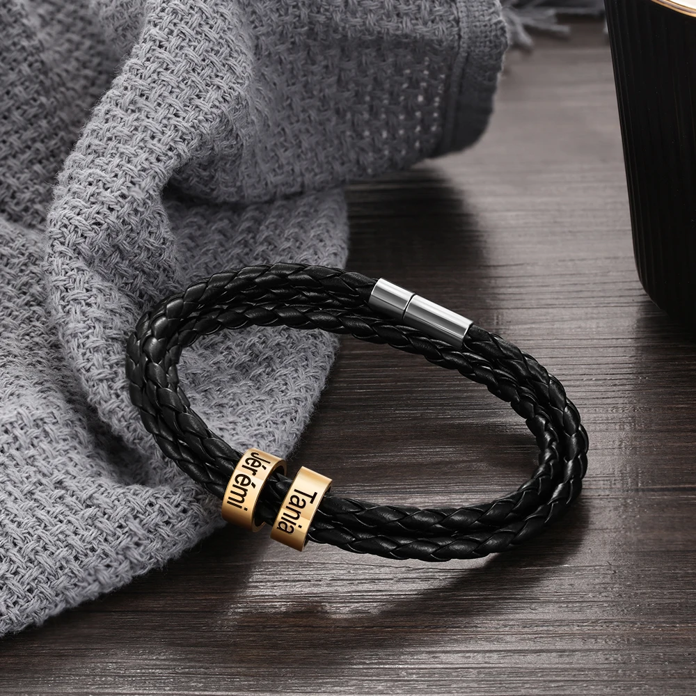 Мужской Многослойный кожаный браслет с гравировкой имени | Украшения и