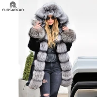 fursarcar 2021 fashion real silver fur parka women winter 80 cm long coat with fox fur collar and cuff casual warm fox fur parka