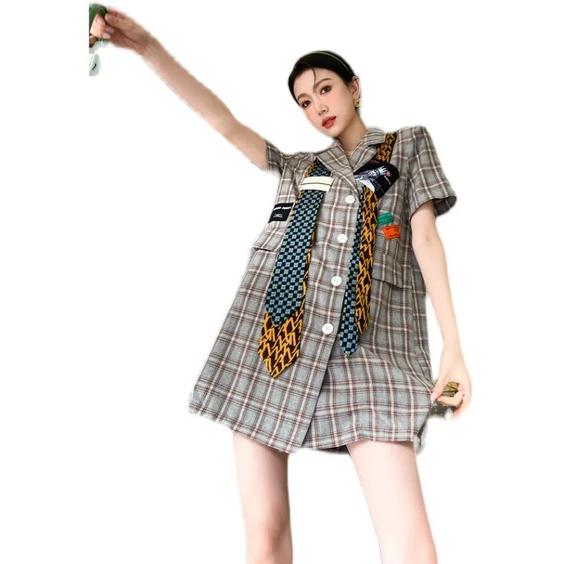 

Fashion Women Dress Patchwork Color Matching Vintage Plaid Dresses Women Short Sleeve Loose Fashion Blazer Dresses 2021