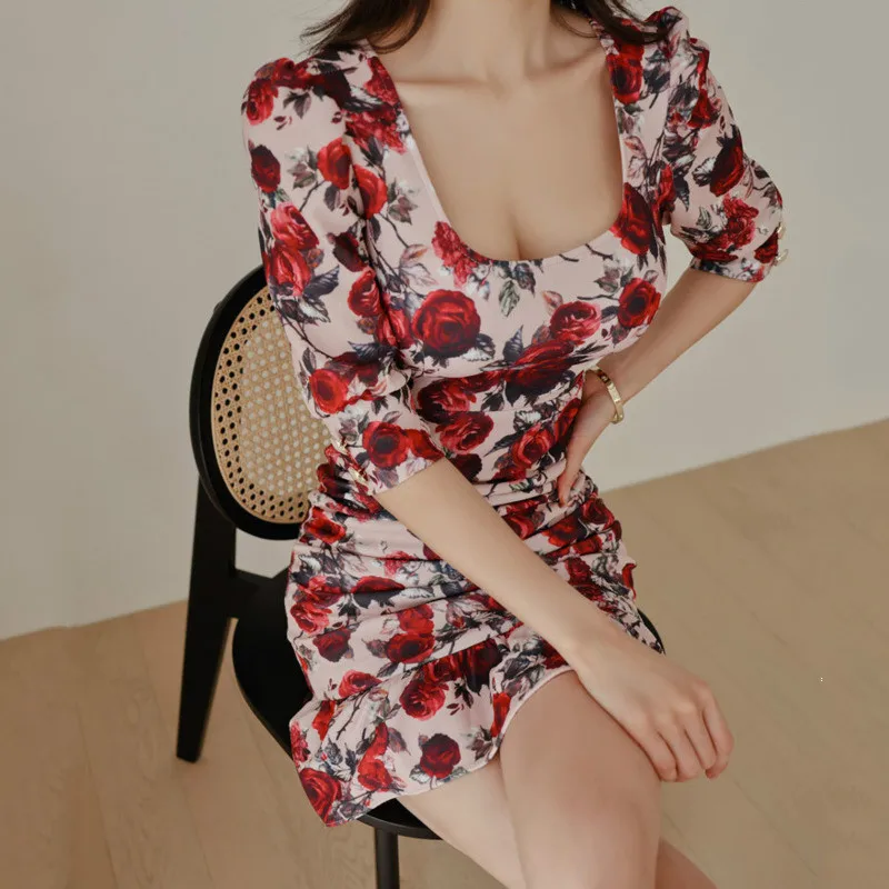 

Mozision Floral Print Ruffle Dress For Women Square Collar Bodycon Elegant Dresses Ladies 2021 Spring New Loose Printed Dress