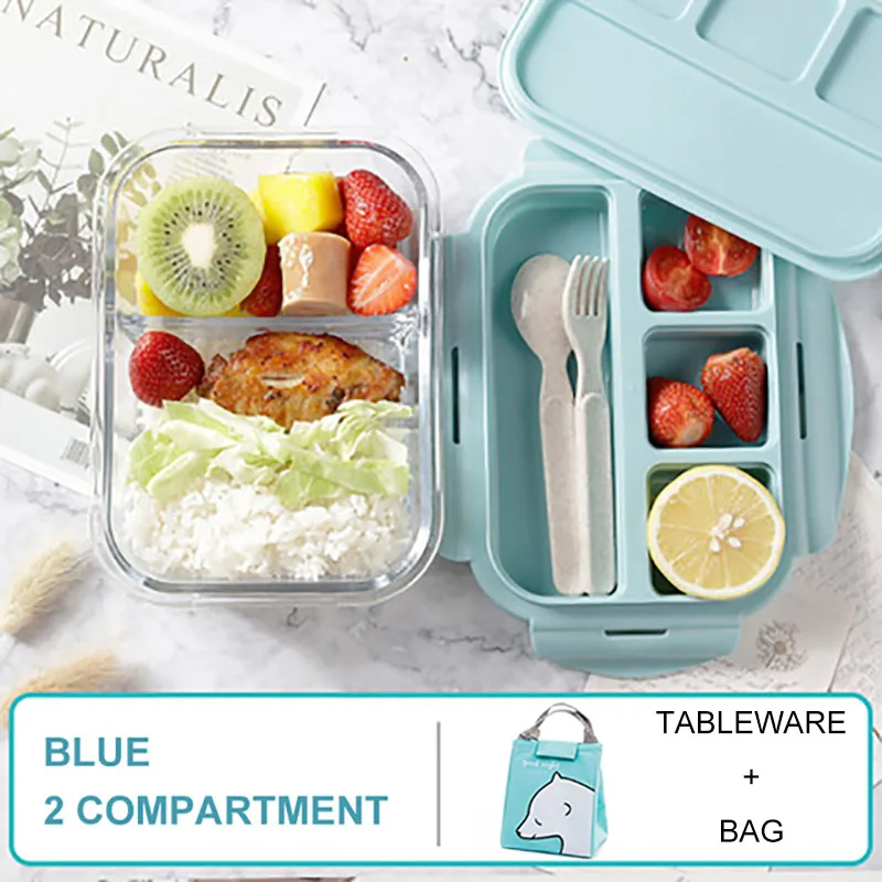 Baispo Ланч-бокс для детей стеклянный микроволновый Bento box контейнер для еды и отсек для хранения школы герметичный кухонный с подогревом - Цвет: Blue 2 gird set