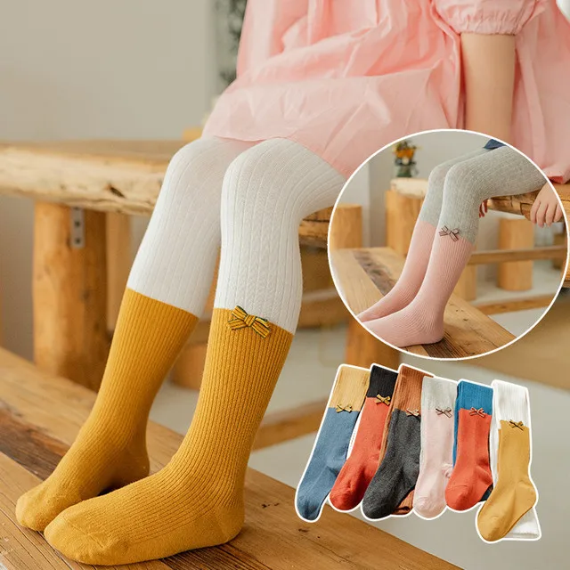 

Новинка 2021, Осенние хлопковые детские колготки в Корейском стиле, милые детские колготки карамельных цветов в полоску с милым бантом