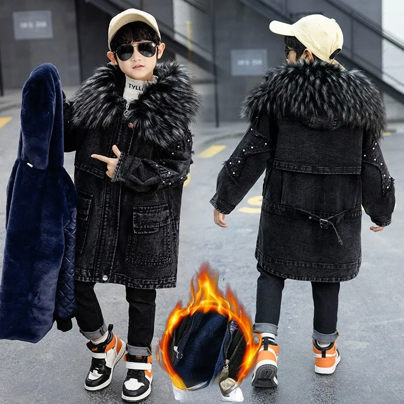 

Winter Baby Boys Fashion Solid Warm Thicken Denim Jacket Fur Hooded Coats Children's Clothing Zipper Long Jeans Outerwear Q74