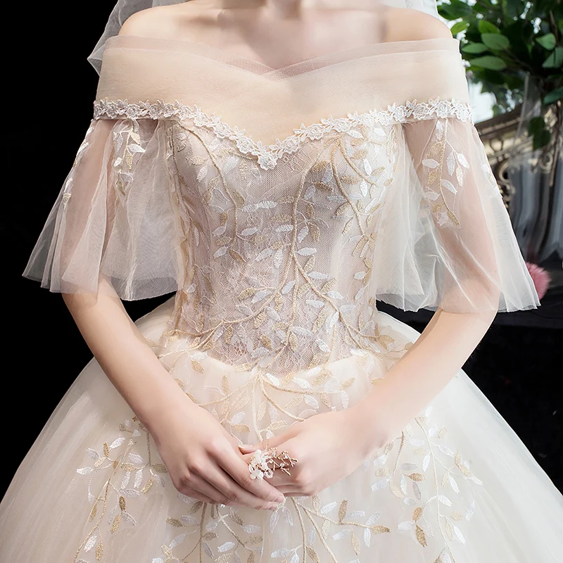 Wedding Dress Short Sleeve Boat Neck Light Champagne Lace Up Ball Gown Princess Luxury Lace Wedding Dresses Plus Size