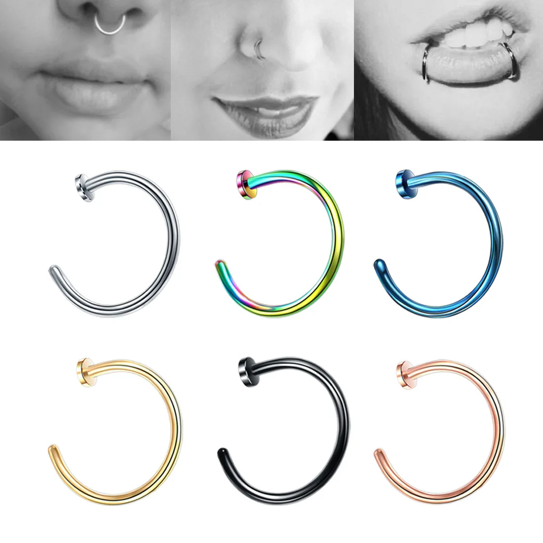 

2PCS Fake Nose Steel Ring Open Hoop C Clip Lip Ring Tragus Earring Stainless Helix Rook Piercing Faux Septum Body Jewelry