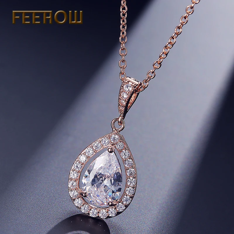 FEEHOW Новый AAA капли воды кубического циркония кулон ожерелья Мода Прозрачный