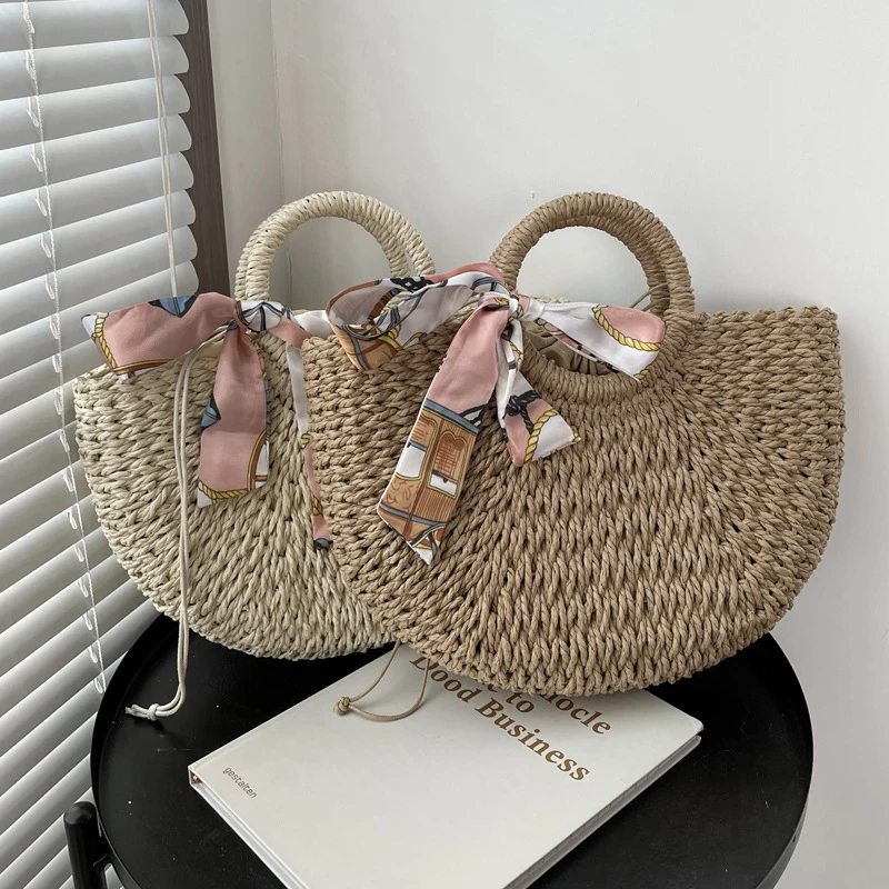 

Summer Handmade Bags for Women Beach Weaving Ladies Straw Bag Wrapped Beach Bag Moon shaped Top Handle Handbags Totes