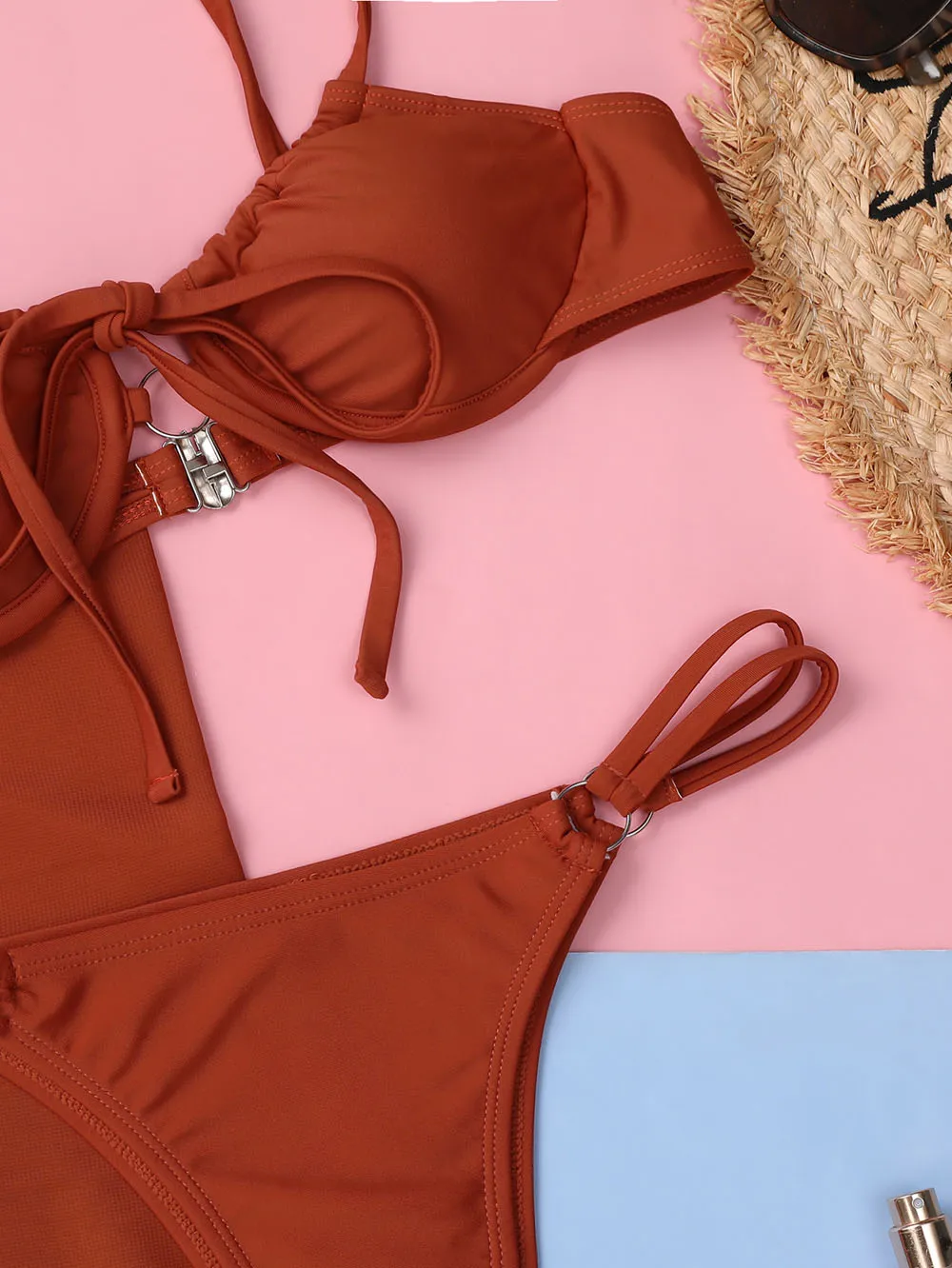 

2021 New Red Bikini Push Up Swimsuit Female Swimwear Women Three-pieces Bikini set With Bra Cup Bather Bathing Suit