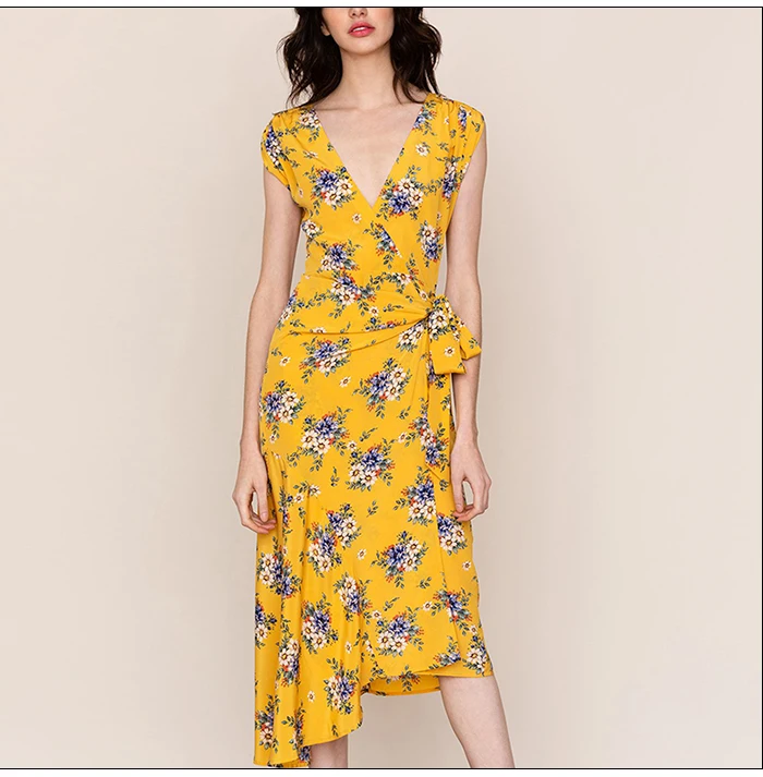 S.FLAVOR Women V-neck printing long vestidos good quality Casual Spring Summer dress Popular sleeveless Sexy Printing Dress