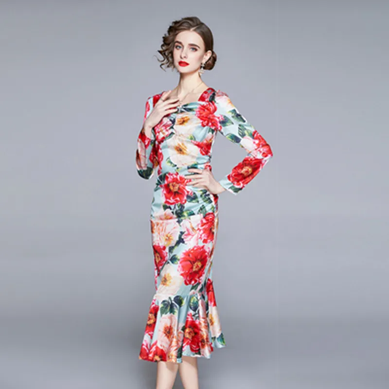 

Summer Fashion Ladies Mermaid Dress Runway Women Flower Printing Square Collar Satin Ruffles Bodycon Slim Party Midi Dress