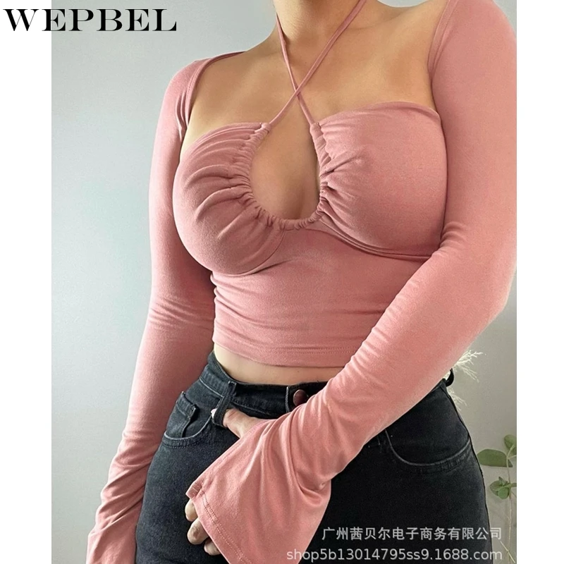 

WEPBEL Fashion Long Sleeve T-shirt Women's Sexy Slim Hollow Out Strapless T-shirt Autumn Halter Spaghetti Strap Short T-shirt