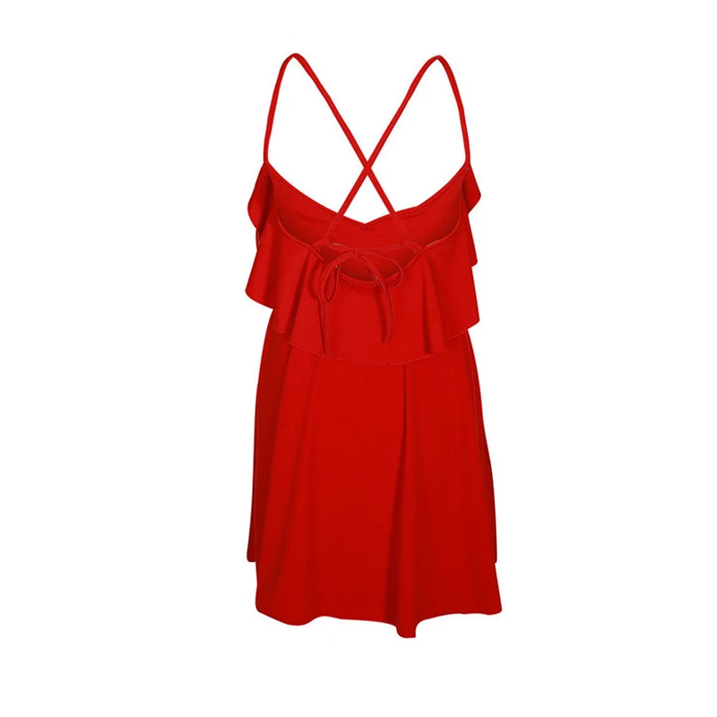 

Sexy Blackless Deep V-Neck Party Dress Women Fashion Ruffles Spaghetti Strap Summer Dress Slim Casual Beach Vestidos A-Line Robe