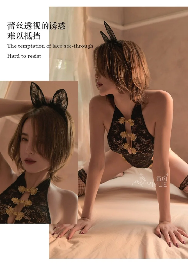 

Sexy lingerie one-piece lace classic cheongsam style bunny girl open file uniform with rabbit tail without stockings