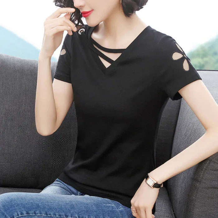 

New Hot Sale Summer Tshirt Women Cotton High Quality T-shirt V-neck Tshirt Casual Top Tees Ladies
