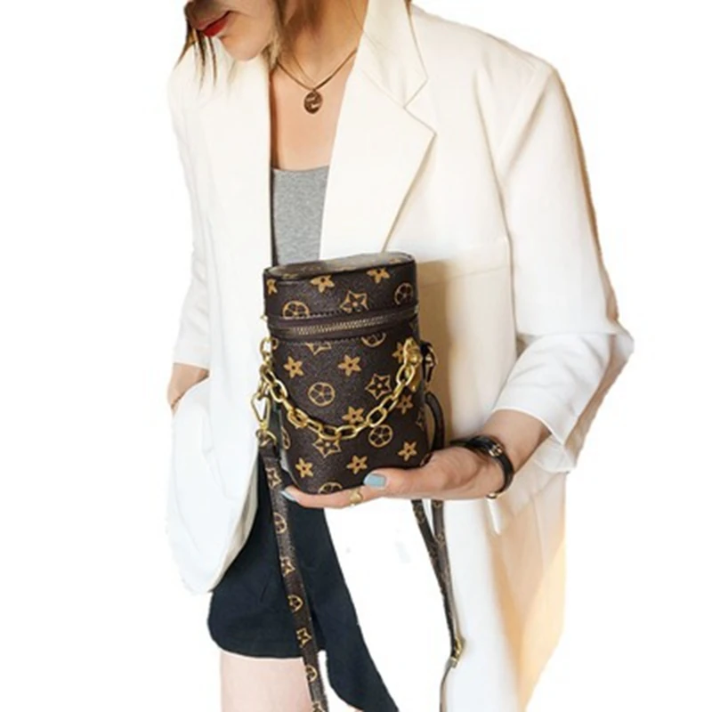 

Exquisite Cowhide Leather Cylindrical Bucket Bag for Women 2020 Printed Texture One-Shoulder Messenger Bag Ladies Lipstick Purse