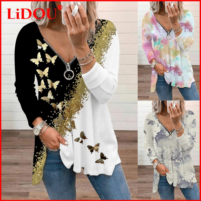 

Autumn Women Butterfly Printed Casual Zipper Ladies Vintag T-Shirt Loose Oversized Tee Shirt Long Sleeve V-Neck Y2k Tie Dye Tops