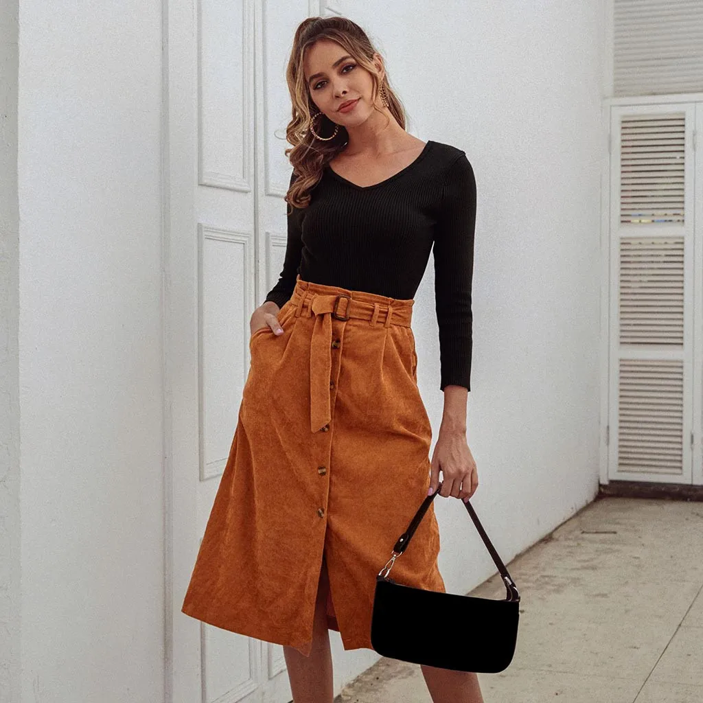 Юбки женские весенние вельветовые юбки на пуговицах с высокой талией Юбка До