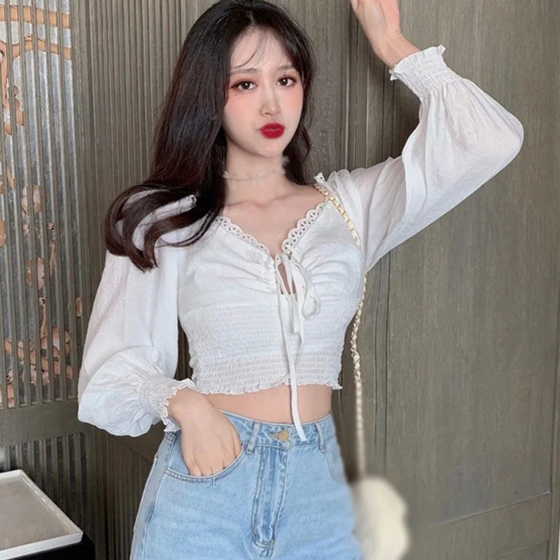 

Women's Blouses Spring Autumn V Neck Hollow Out Slim Shirts Exposed Navel Long Sleeves Blouse and Tops Solid Color Women Shirt w