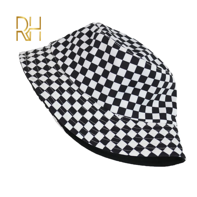 Панама Двусторонняя хлопковая в черно-белую клетку для мужчин и женщин модная