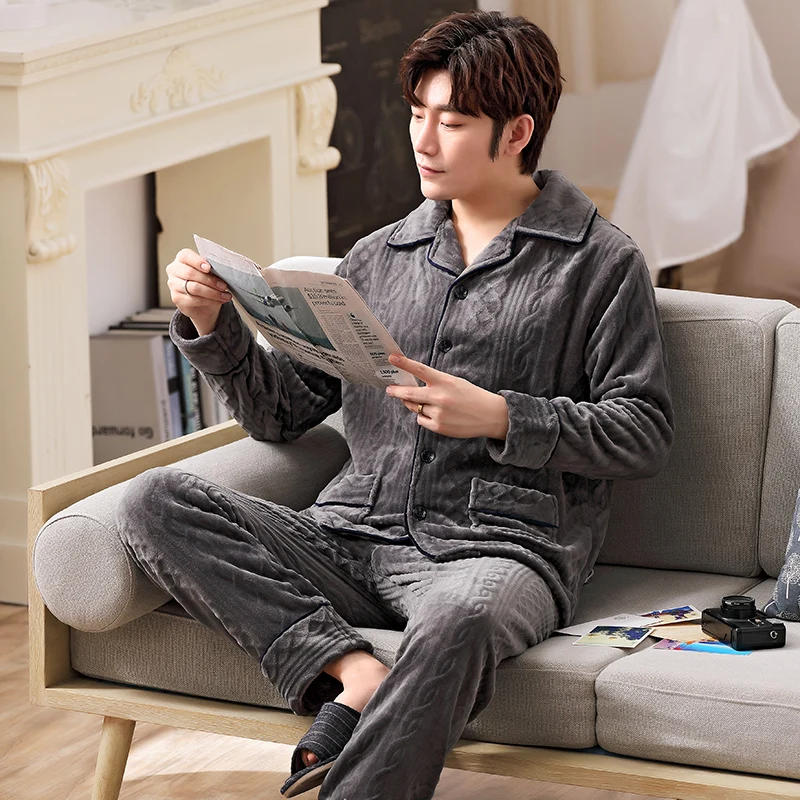 New autumn and winter thickened flannel men's pajamas warm and comfortable cardigan simple leisure home wear set