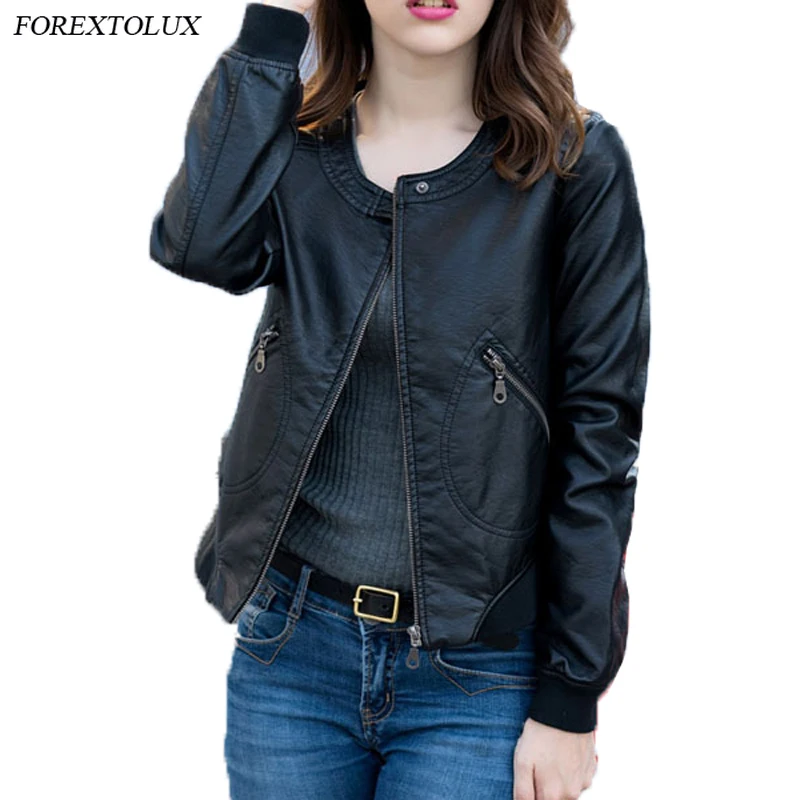 Куртка женская из искусственной кожи с круглым вырезом черная 2021 | Женская одежда