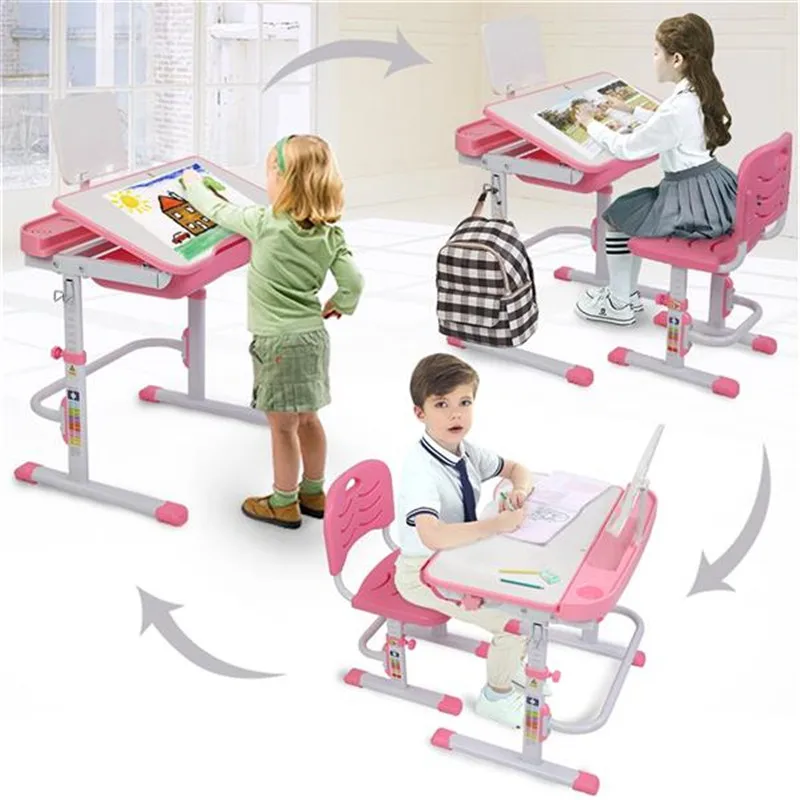 

70 x 50 x 60cm Kid Study Desk Lifting Table Can Tilt Children Learning Table And Chair Pink With Reading Stand