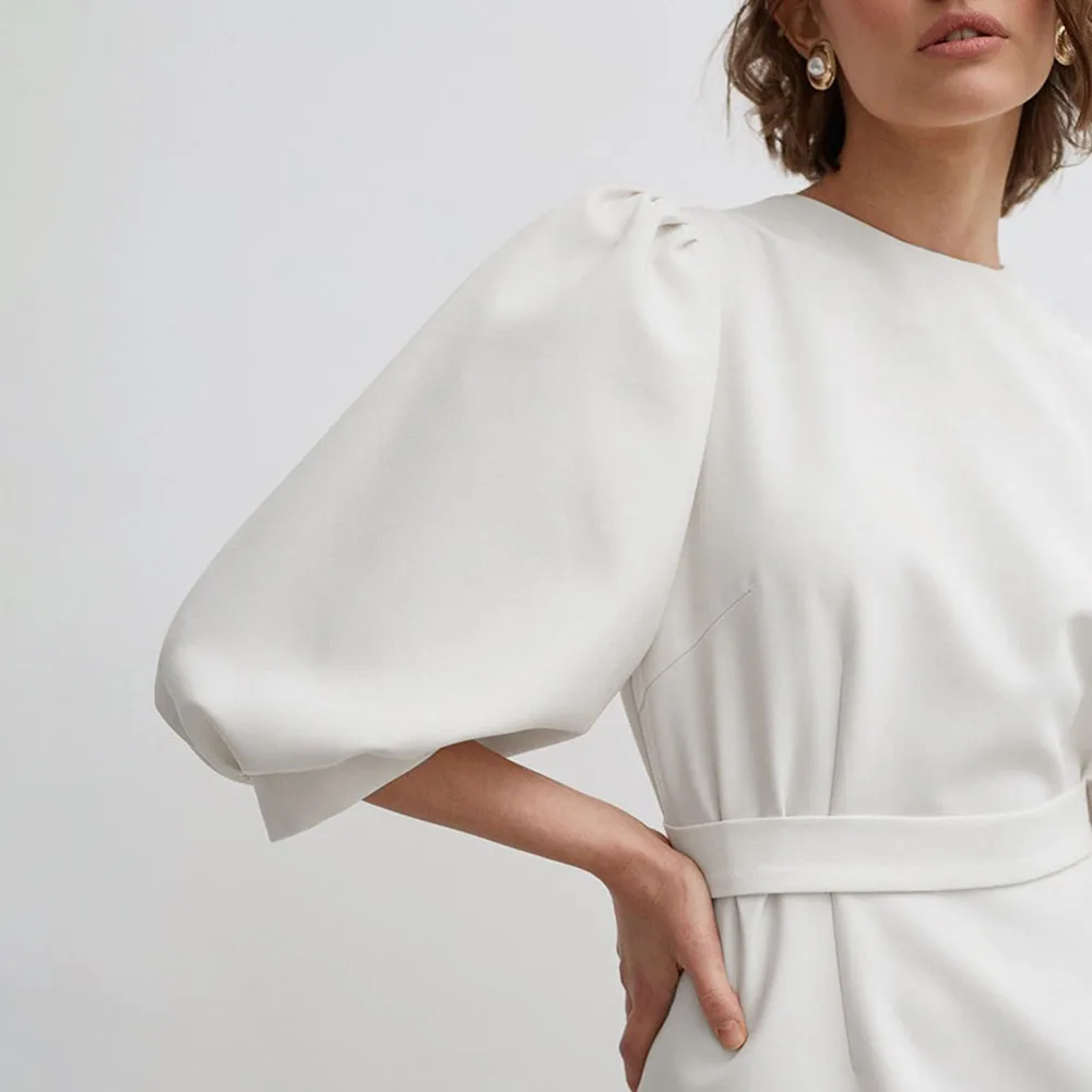 

Office Lady Fashion Oversize Ladies Dress Temperament Simple Slim High Waist White Round Neck Lantern Sleeve 2021