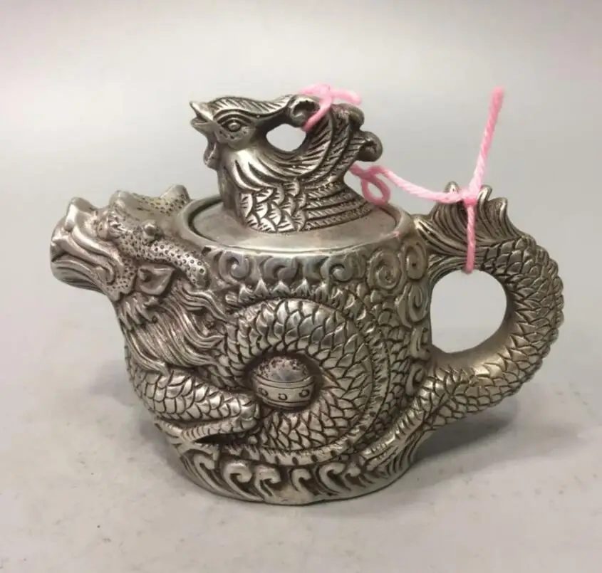 

China White copper dragon phoenix teapot crafts statue