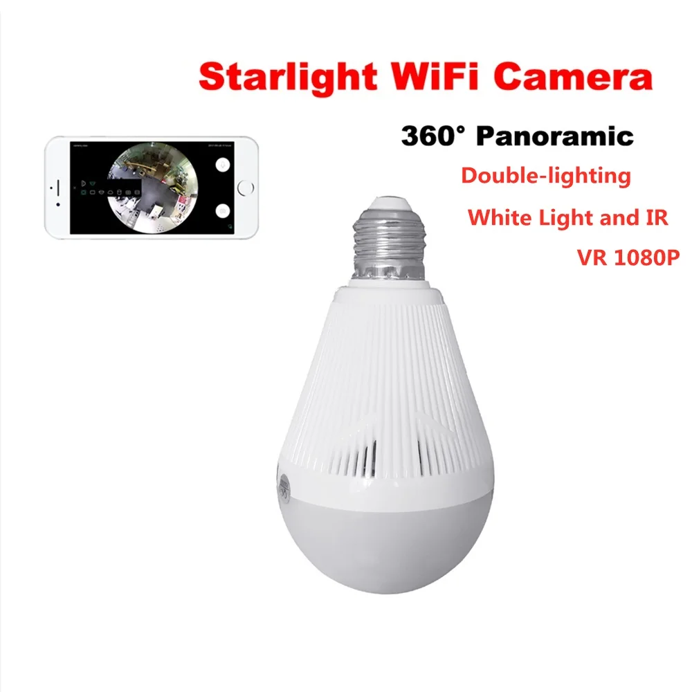 

IP-камера с панорамным изображением 360 дюйма, 1080P, Wi-Fi, VR, светодиодная лампа, поддержка ПК, планшета мобильный телефон