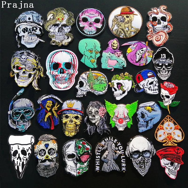 

Prajna Punk Patch DIY Skull Biker Embroidered Patches For Clothes Iron On Patches On Clothes Skeleton Stripes Badges Sticker