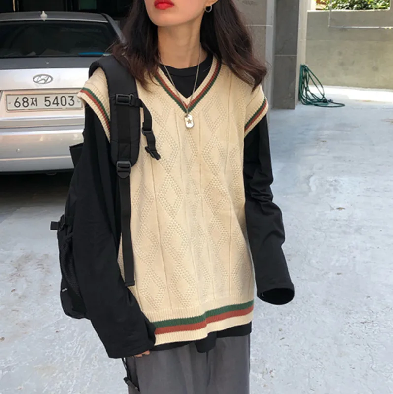 

2 colors 2019 autumn and winter korean style v neck knitted plaid sleeveless vest sweaters womens pullovers womens (F1426)