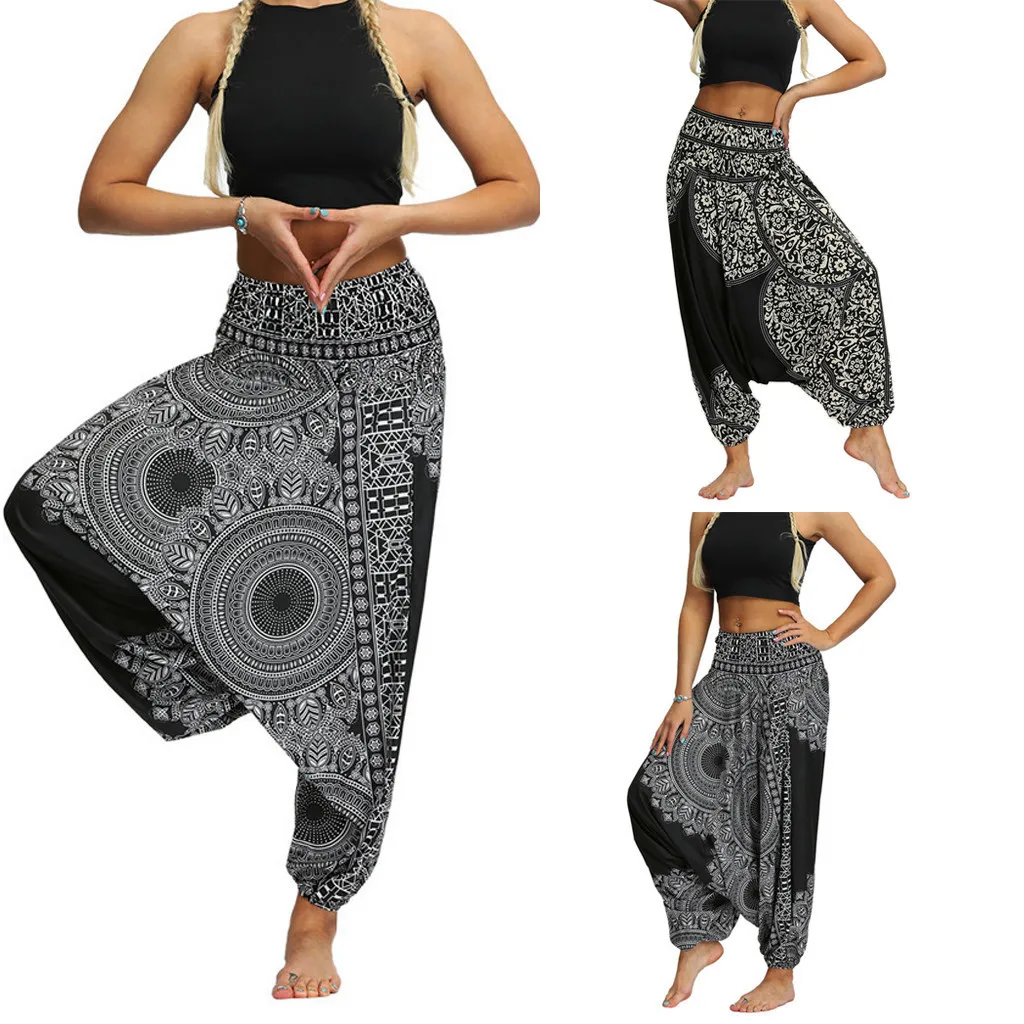 

Women Casual Loose Yoga Trousers Print High Waist Wide Leg Large Crotch Pants Baggy Boho Jumpsuit Feet Tie Harem Pants A50
