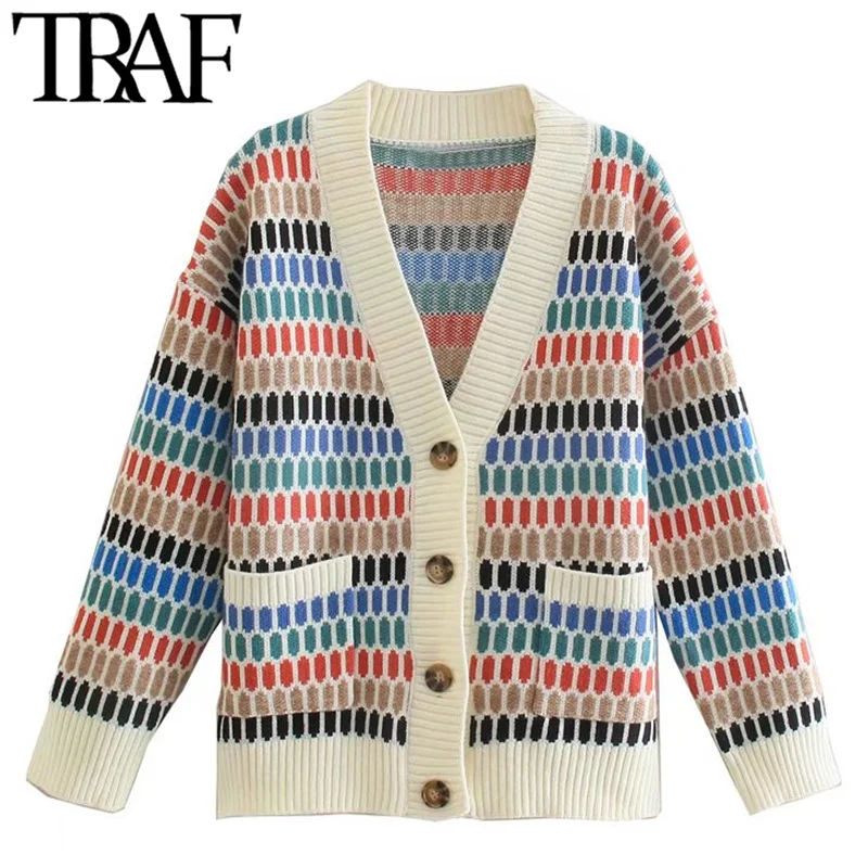 

Женский жаккардовый кардиган с карманами, V-образным вырезом и длинным рукавом