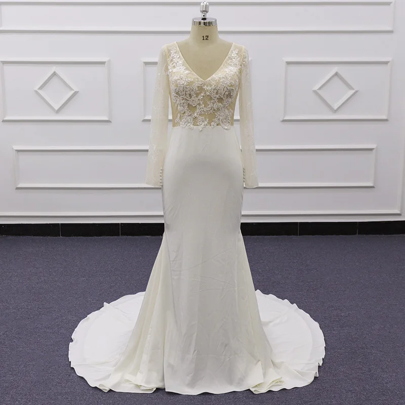 

Molanda Hung 2021 Classic Elegant Wedding Dress V-Neck Long Sleeve Mermaid Appliques Beaded Buttons Bridal Robe De Mariee SJ277